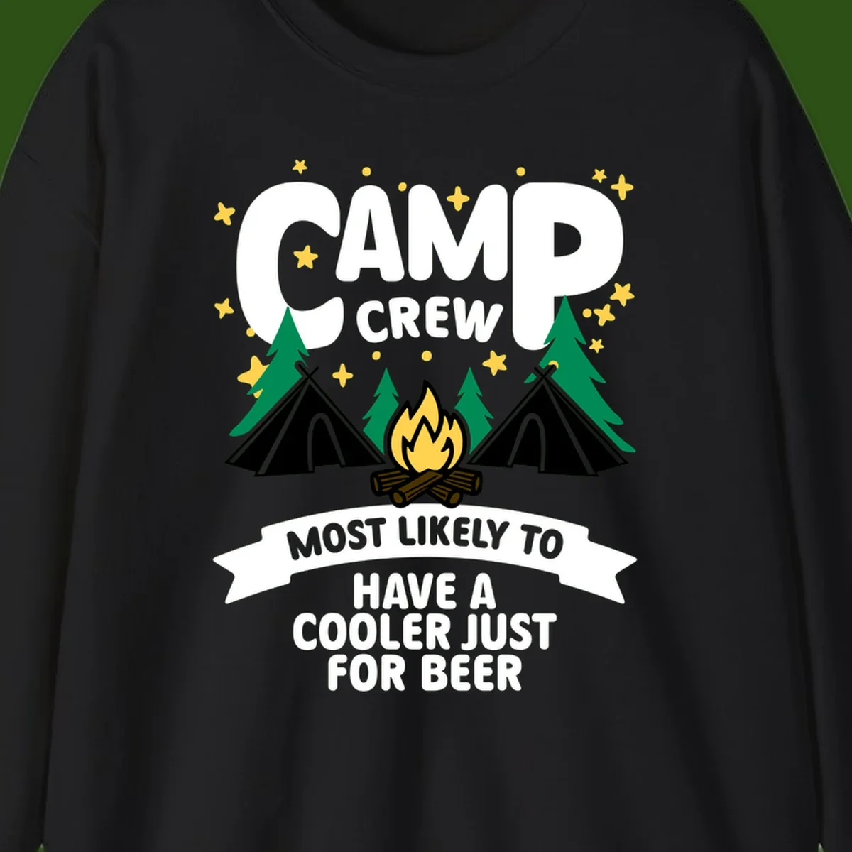 Camp crew cooler beer design showing campfire, teepees, and trees with humorous camping text on gray background.
