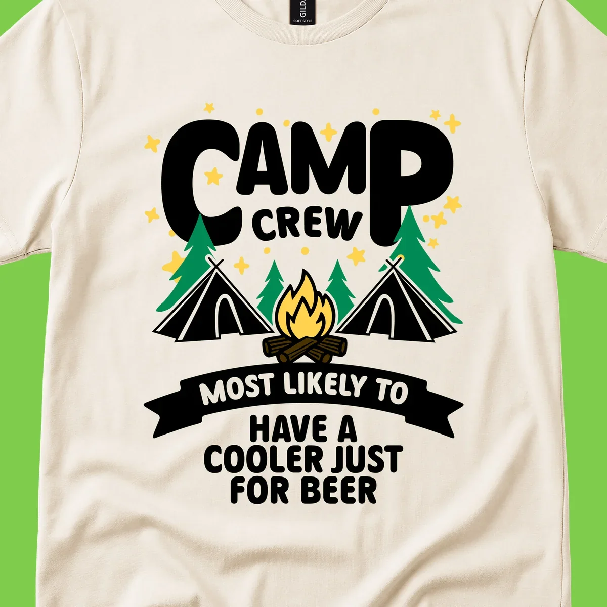 Camp crew cooler beer design showing campfire, teepees, and trees with humorous camping text on gray background.