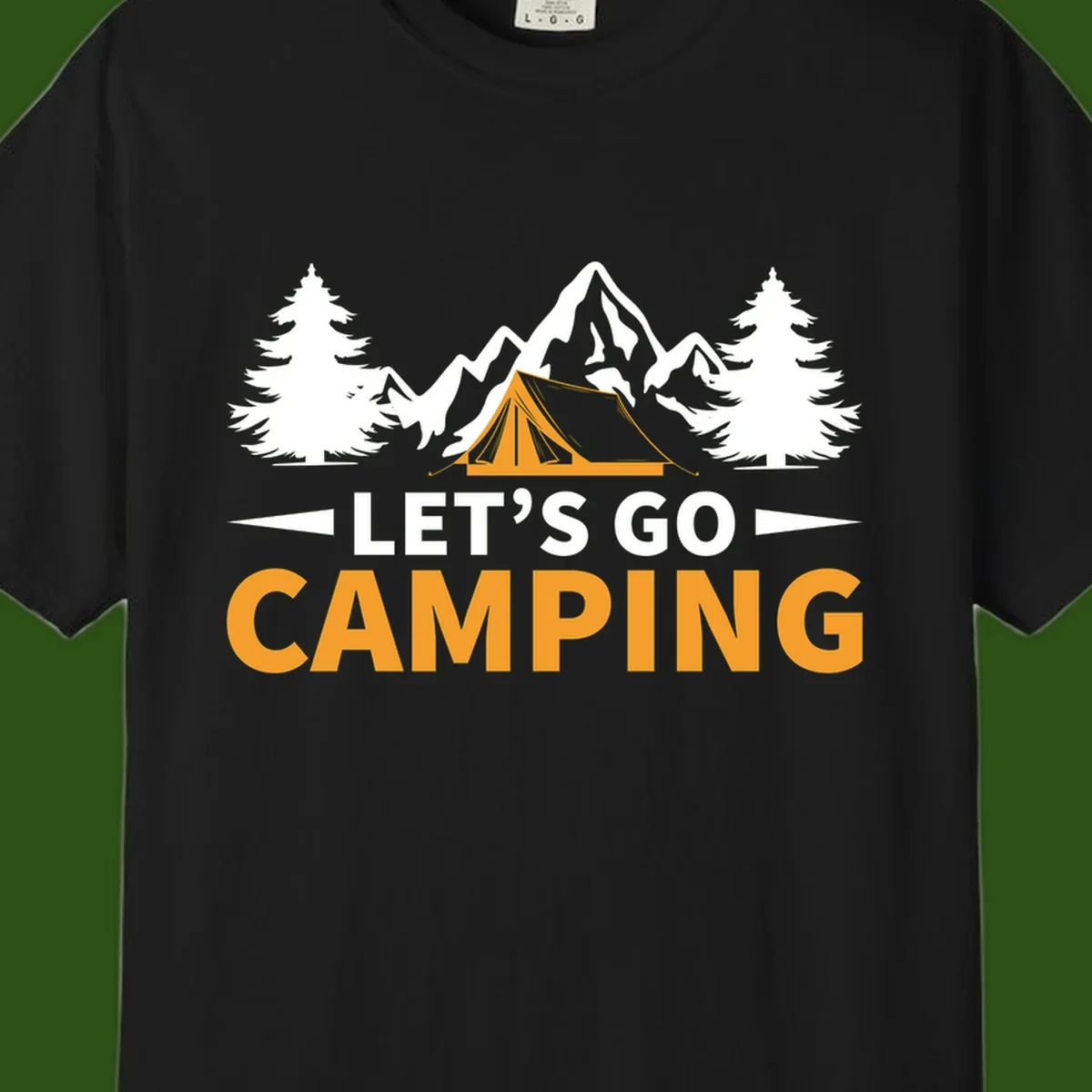 Let's go camping tent design with orange tent, snow mountains, evergreen trees, and bold text on gray background