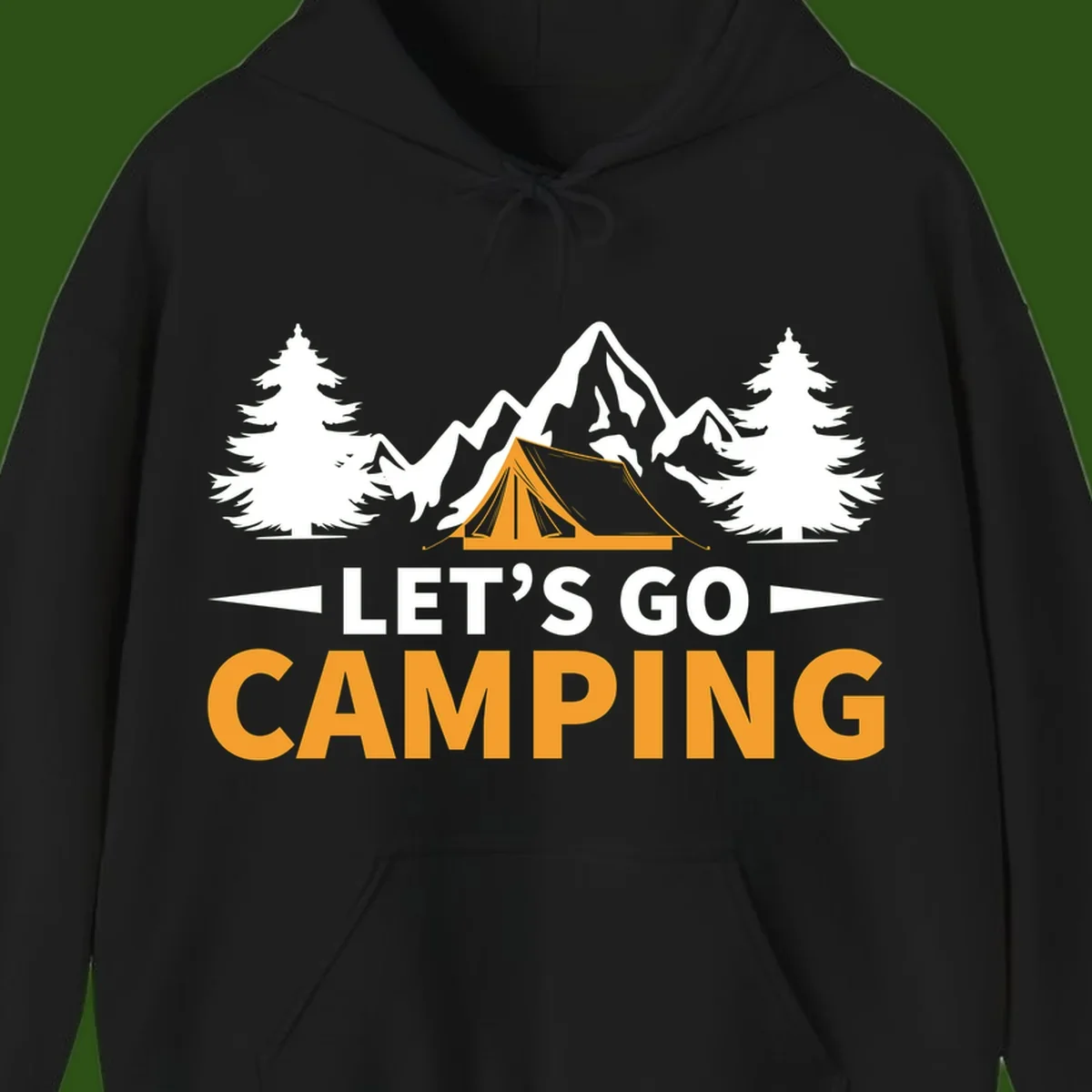 Let's go camping tent design with orange tent, snow mountains, evergreen trees, and bold text on gray background