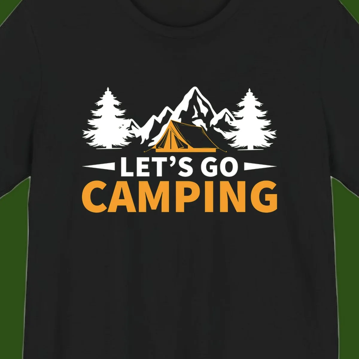 Let's go camping tent design with orange tent, snow mountains, evergreen trees, and bold text on gray background