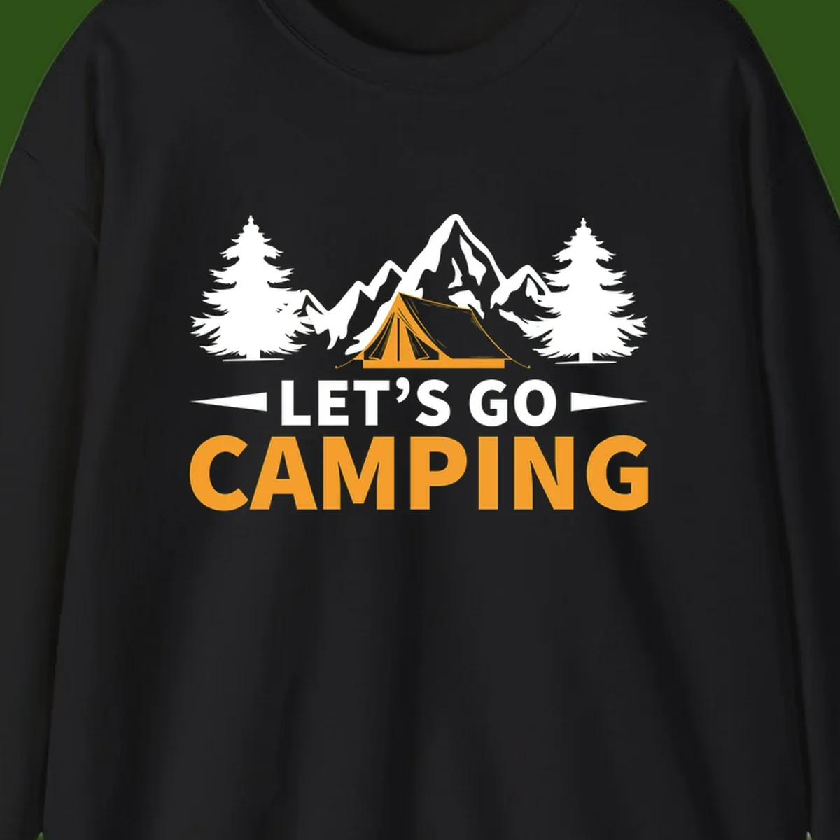 Let's go camping tent design with orange tent, snow mountains, evergreen trees, and bold text on gray background