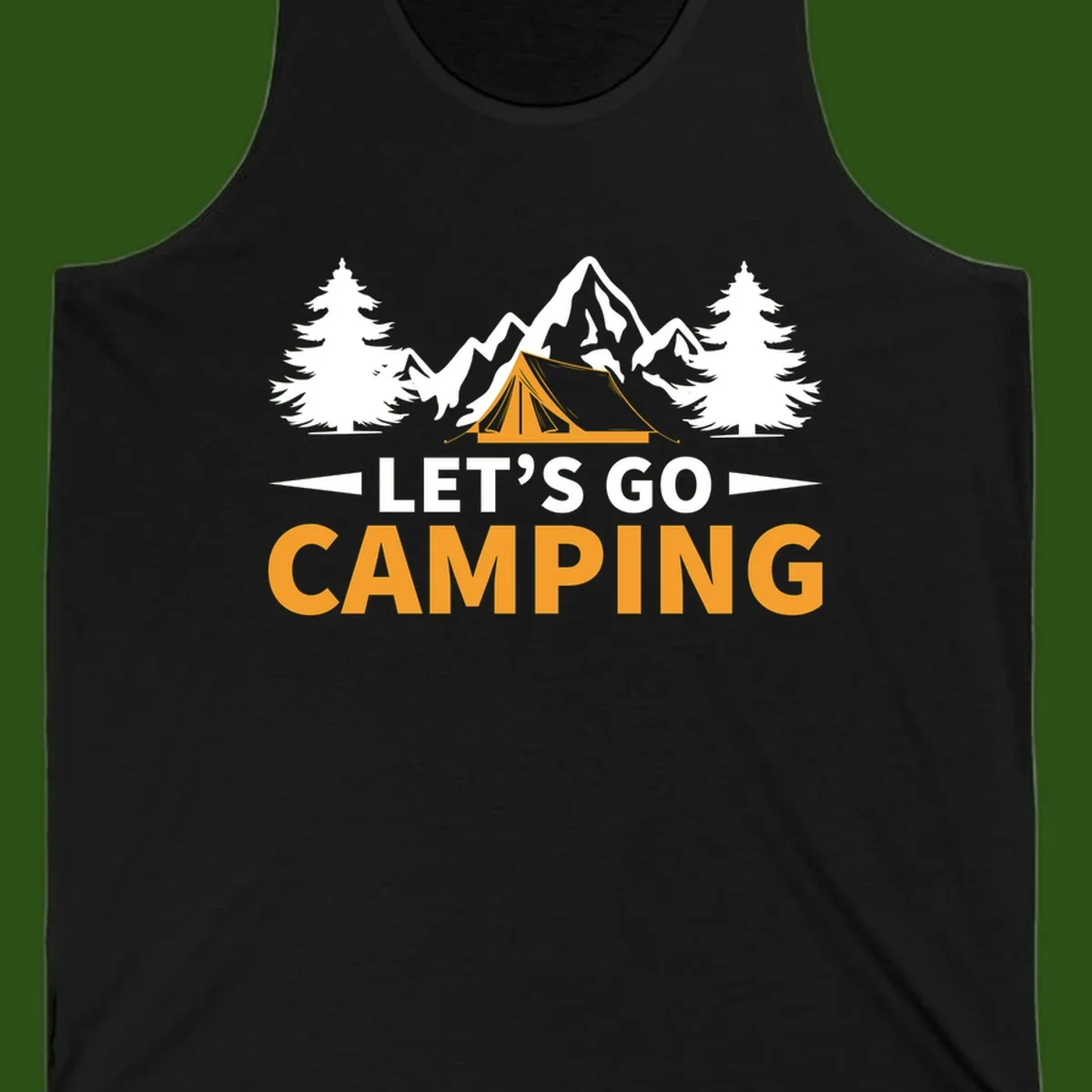 Let's go camping tent design with orange tent, snow mountains, evergreen trees, and bold text on gray background