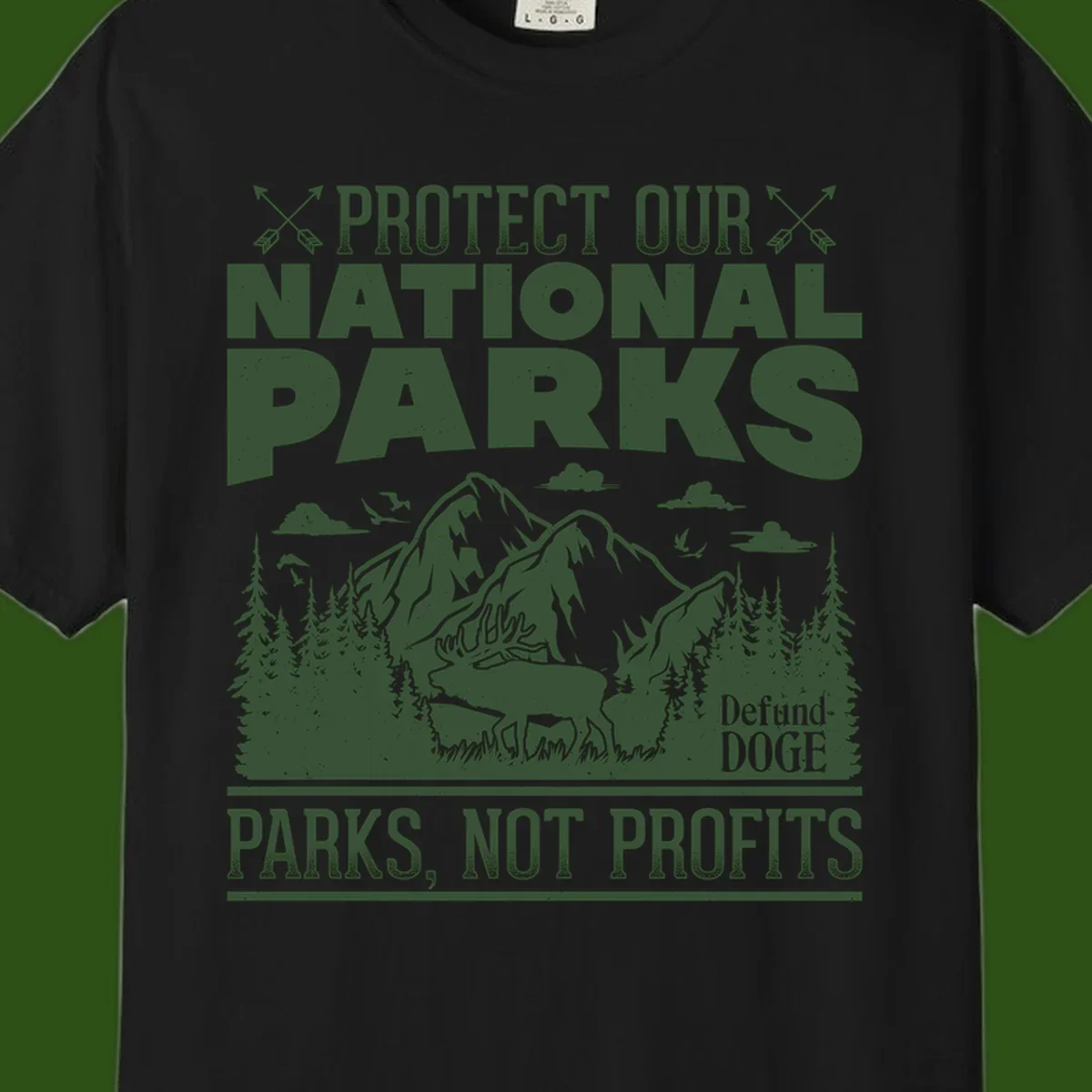 Vintage-style illustration with mountains, forests, deer and text reading 'Protect Our National Parks' and 'Parks, Not Profits' promoting conservation activism.