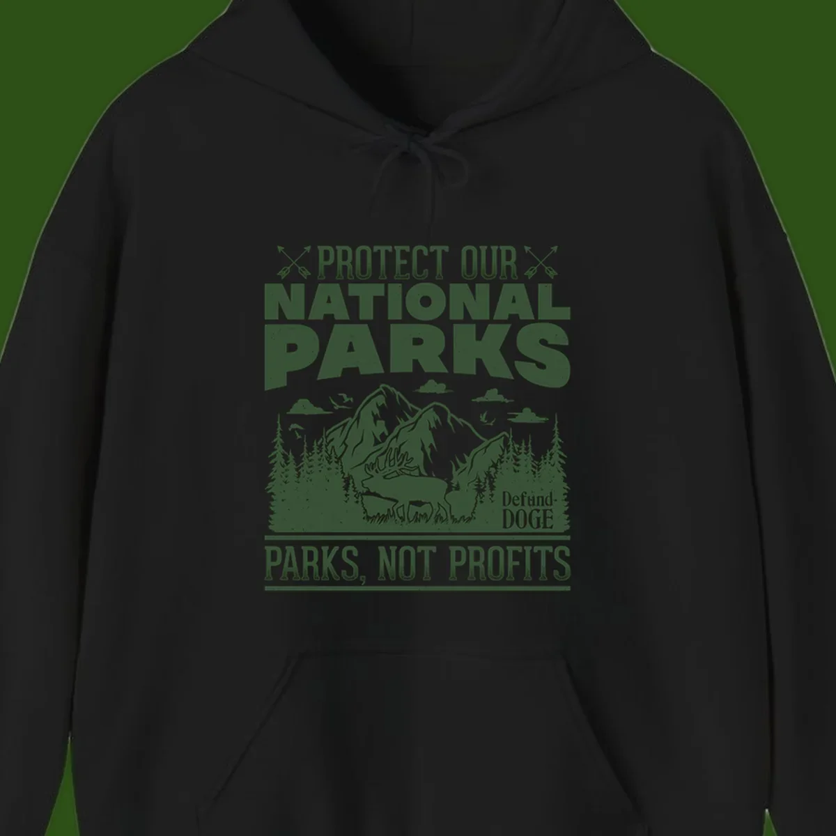 Vintage-style illustration with mountains, forests, deer and text reading 'Protect Our National Parks' and 'Parks, Not Profits' promoting conservation activism.