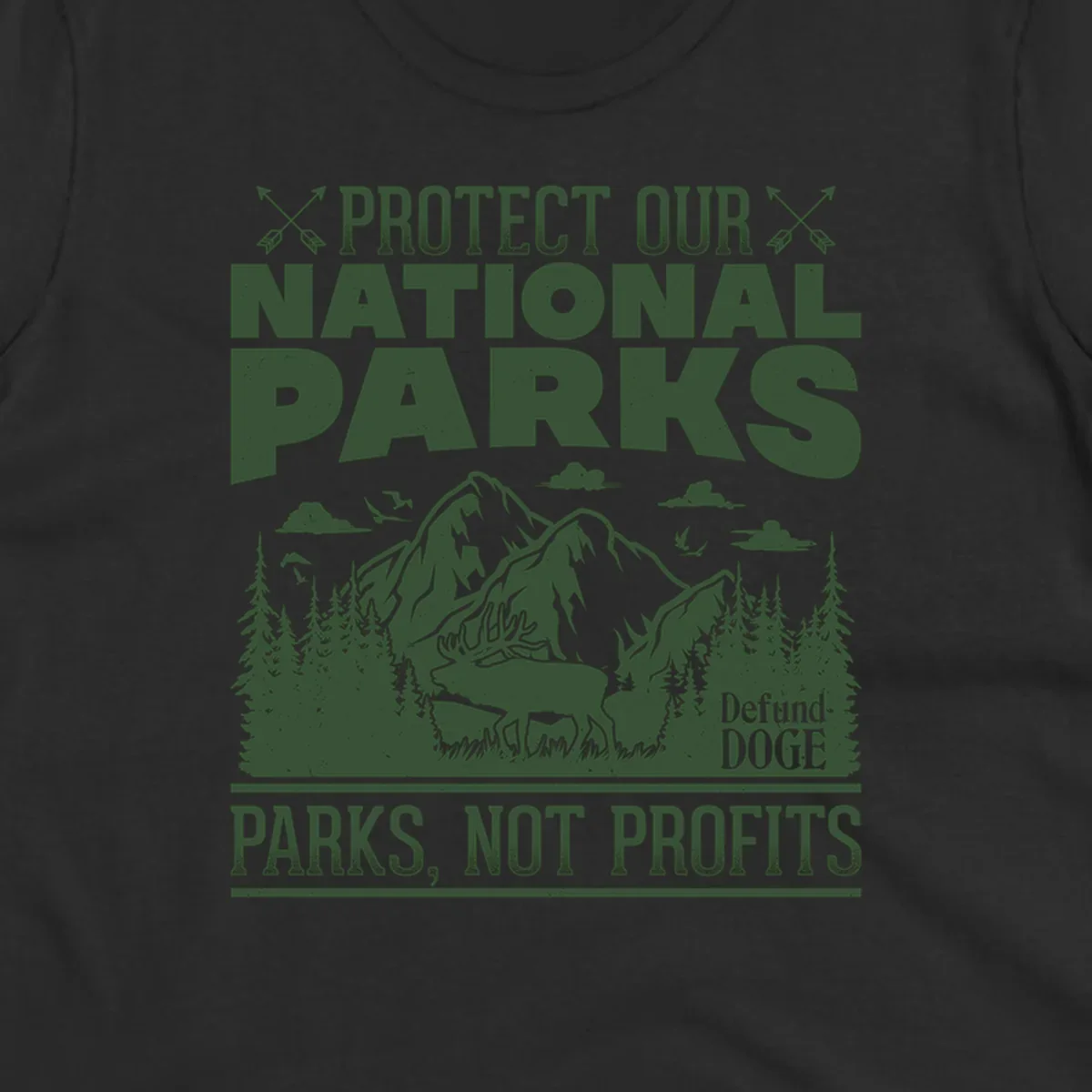 Vintage-style illustration with mountains, forests, deer and text reading 'Protect Our National Parks' and 'Parks, Not Profits' promoting conservation activism.