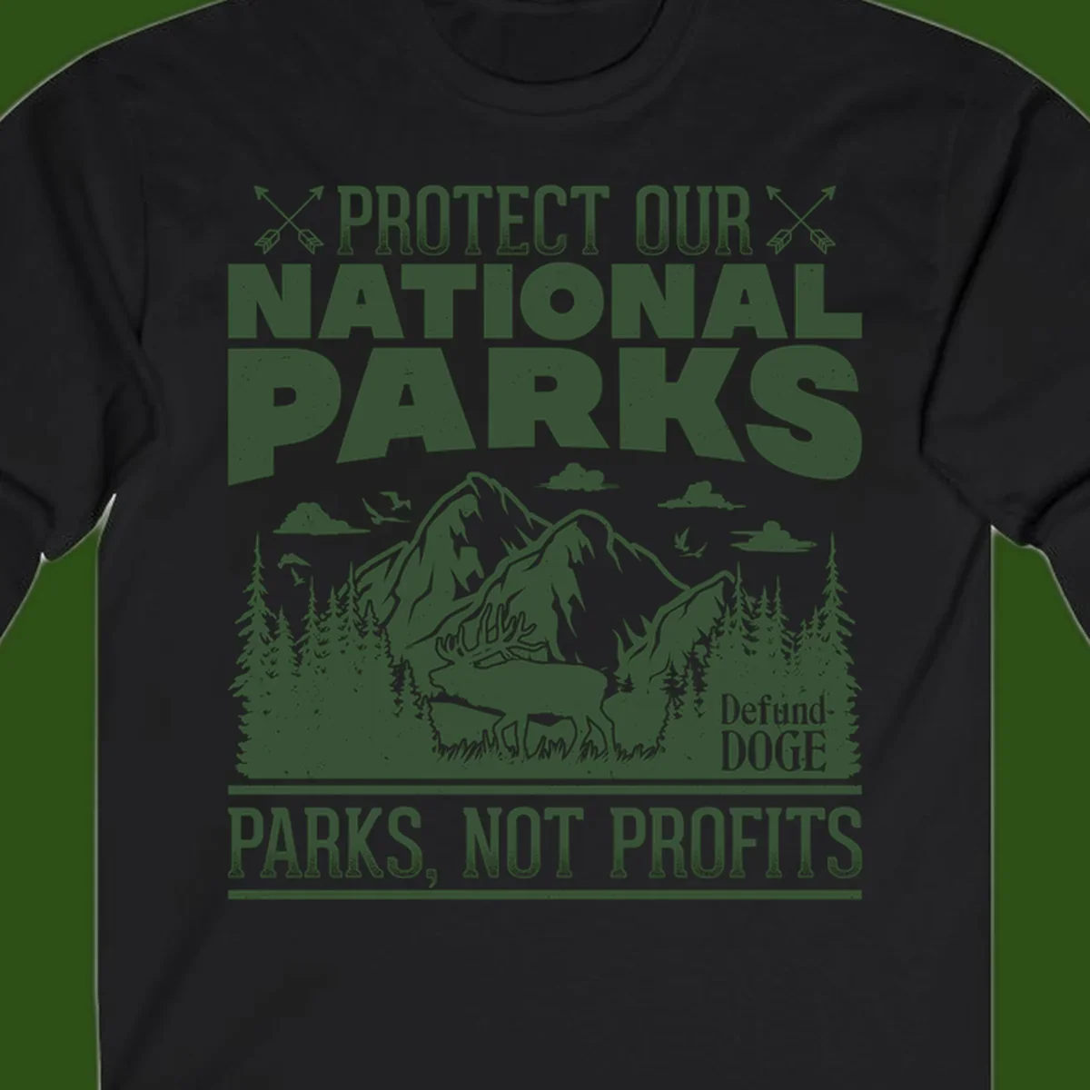 Vintage-style illustration with mountains, forests, deer and text reading 'Protect Our National Parks' and 'Parks, Not Profits' promoting conservation activism.