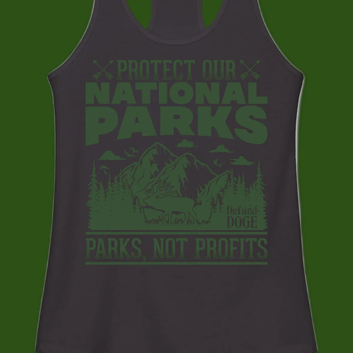 Vintage-style illustration with mountains, forests, deer and text reading 'Protect Our National Parks' and 'Parks, Not Profits' promoting conservation activism.
