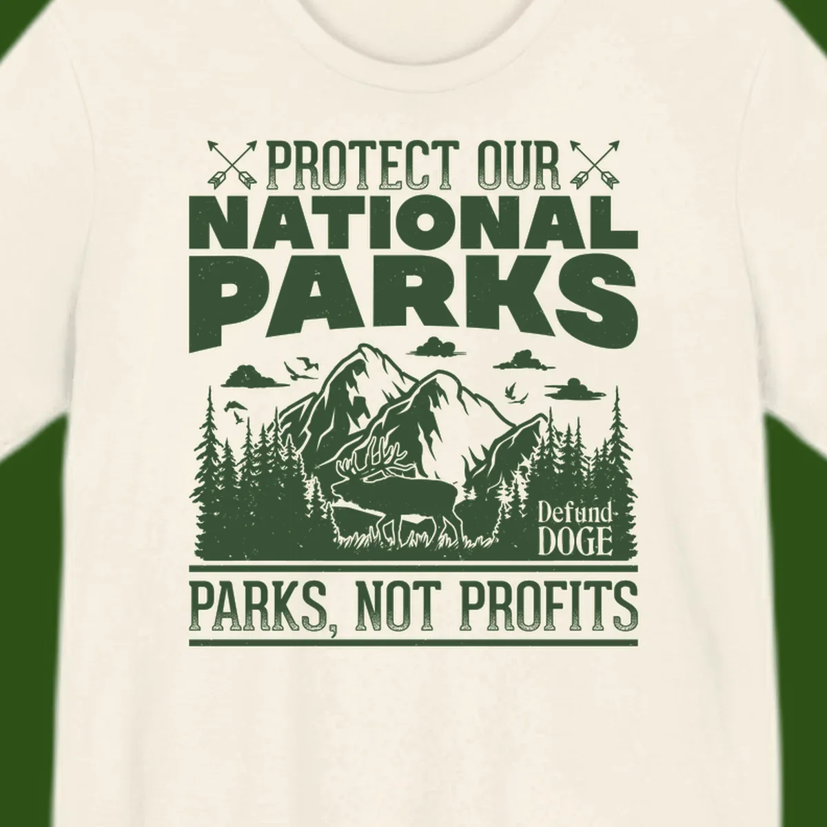 Vintage-style illustration with mountains, forests, deer and text reading 'Protect Our National Parks' and 'Parks, Not Profits' promoting conservation activism.
