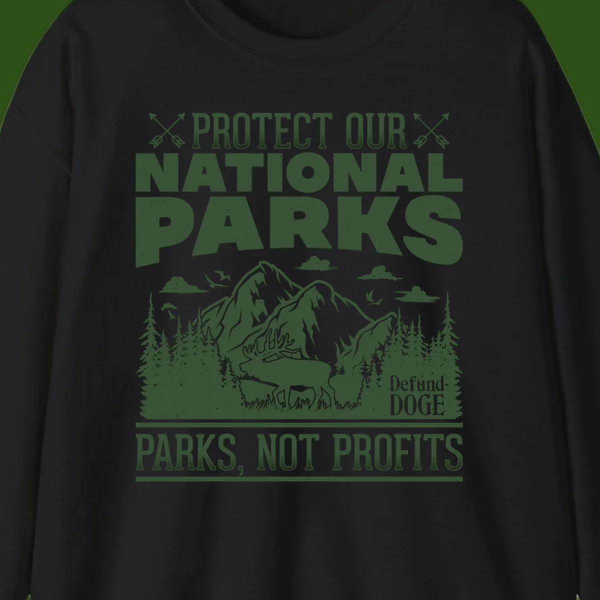 Vintage-style illustration with mountains, forests, deer and text reading 'Protect Our National Parks' and 'Parks, Not Profits' promoting conservation activism.
