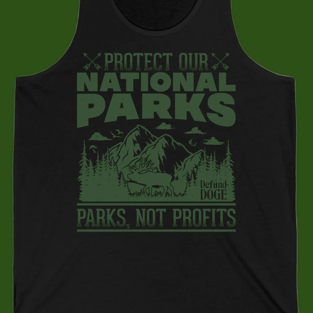 Vintage-style illustration with mountains, forests, deer and text reading 'Protect Our National Parks' and 'Parks, Not Profits' promoting conservation activism.