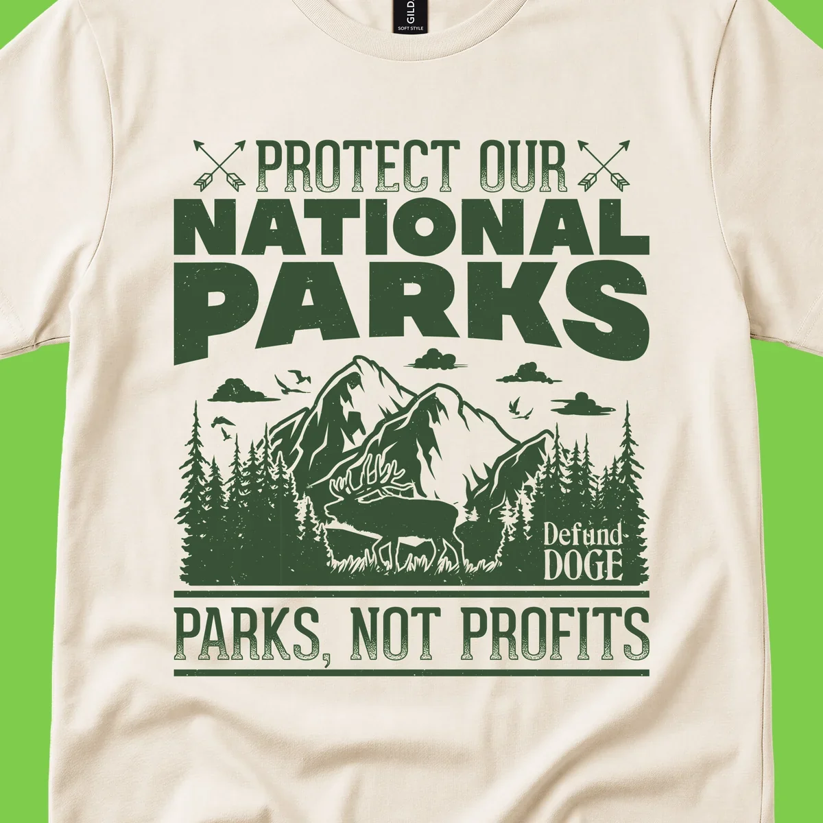 Vintage-style illustration with mountains, forests, deer and text reading 'Protect Our National Parks' and 'Parks, Not Profits' promoting conservation activism.