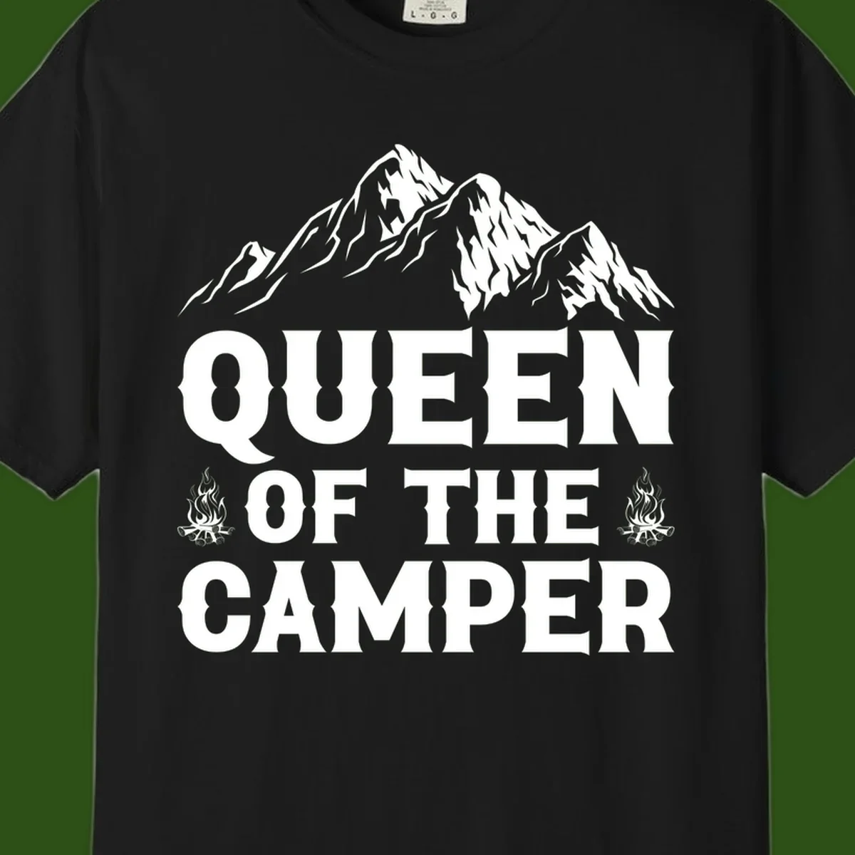Queen of the Camper design with snow-capped mountains, campfires, and bold white text on gray background