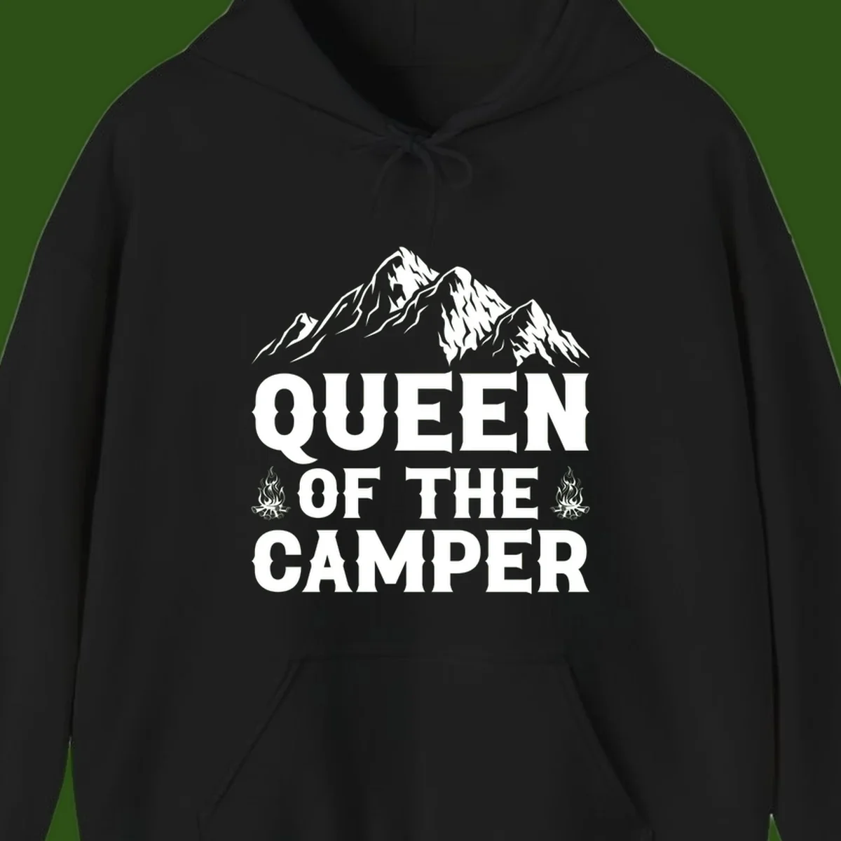 Queen of the Camper design with snow-capped mountains, campfires, and bold white text on gray background