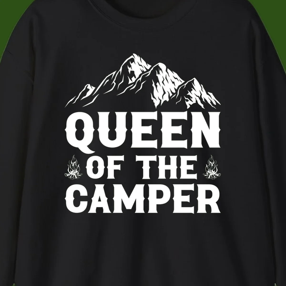 Queen of the Camper design with snow-capped mountains, campfires, and bold white text on gray background
