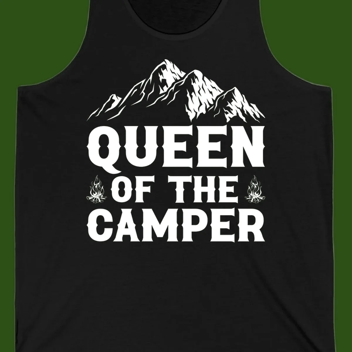Queen of the Camper design with snow-capped mountains, campfires, and bold white text on gray background