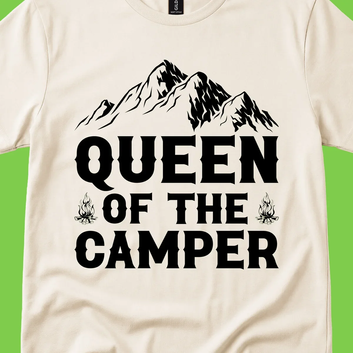 Queen of the Camper design with snow-capped mountains, campfires, and bold white text on gray background