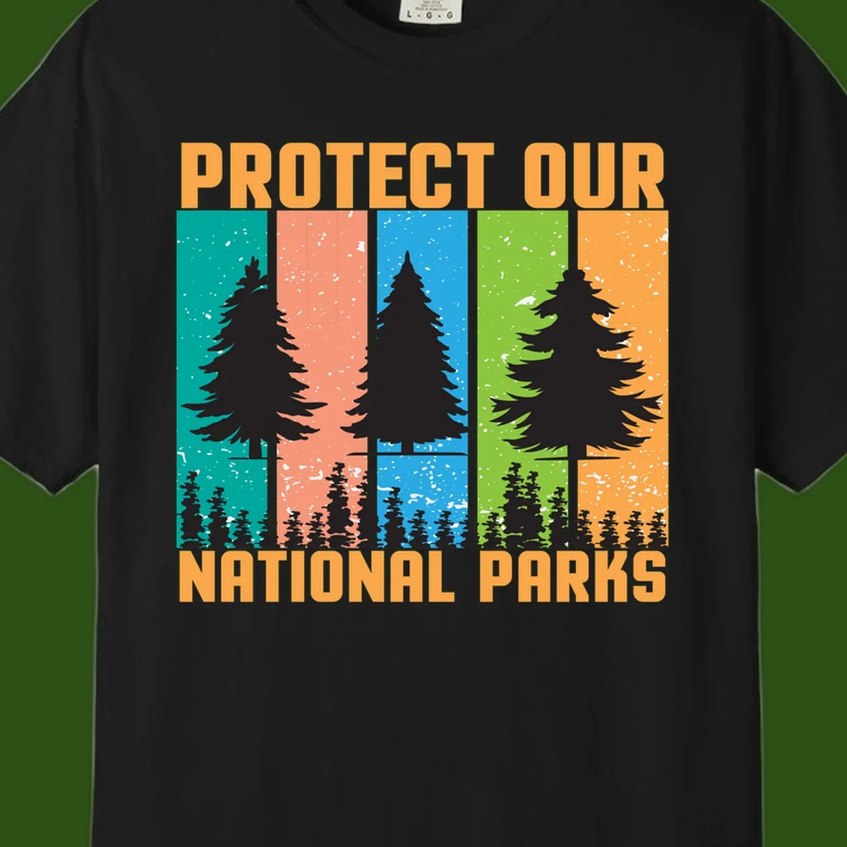 Illustration of tall evergreen tree with forest below across four seasonal colored panels with 'Protect Our National Parks' text.