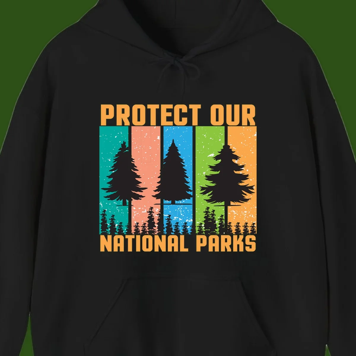 Illustration of tall evergreen tree with forest below across four seasonal colored panels with 'Protect Our National Parks' text.
