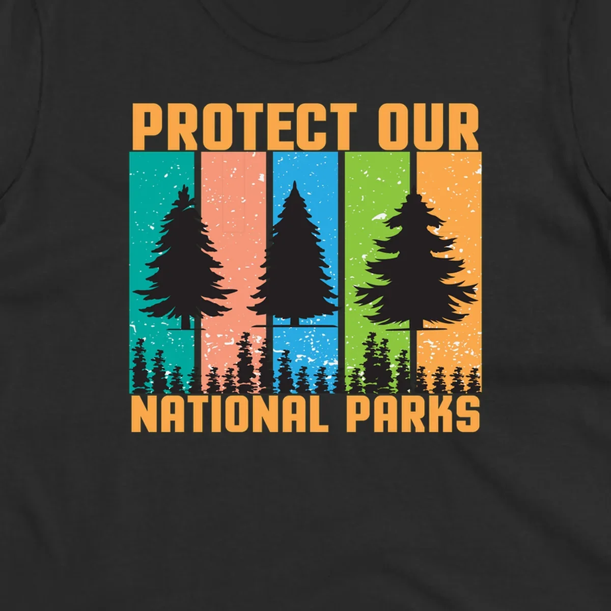 Illustration of tall evergreen tree with forest below across four seasonal colored panels with 'Protect Our National Parks' text.