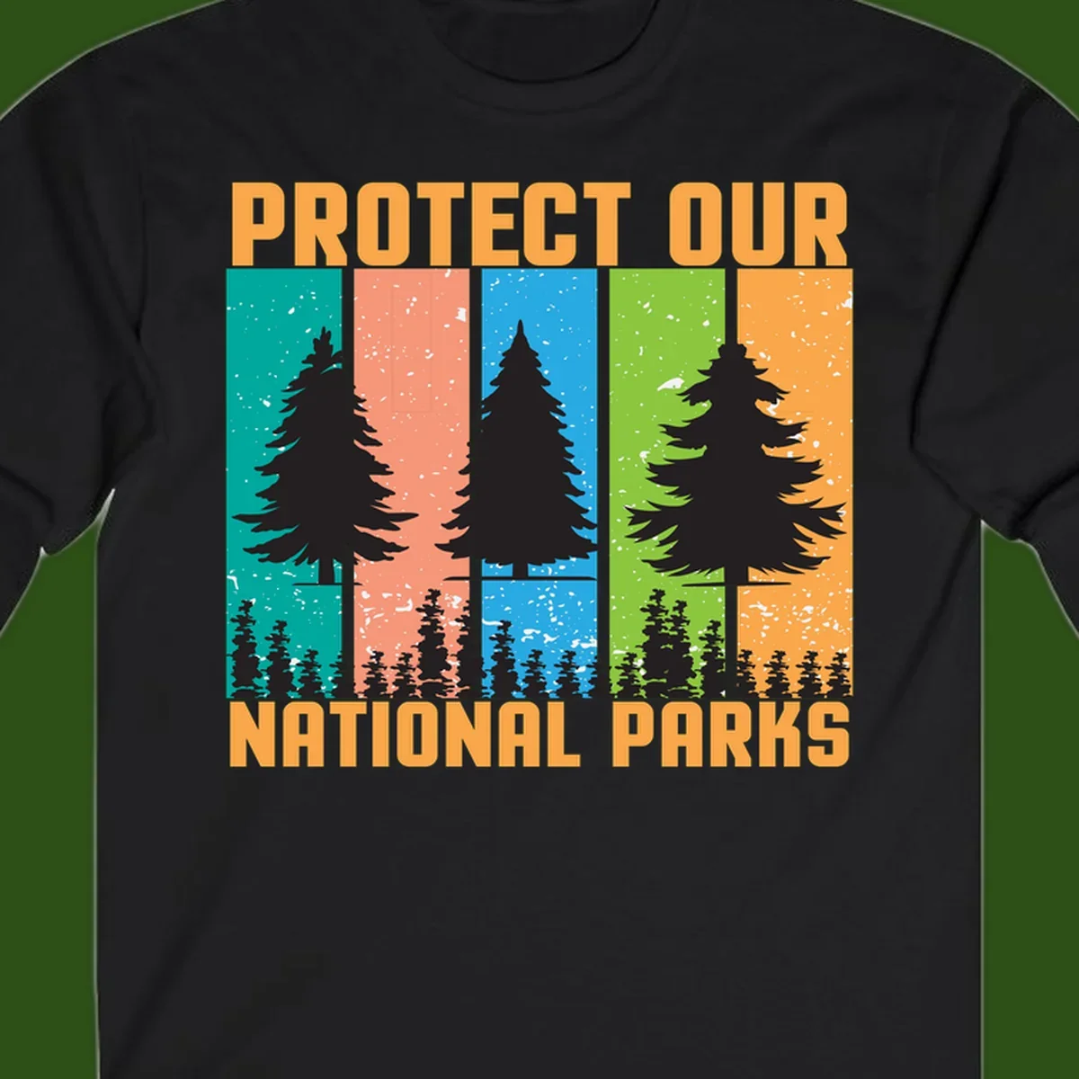 Illustration of tall evergreen tree with forest below across four seasonal colored panels with 'Protect Our National Parks' text.