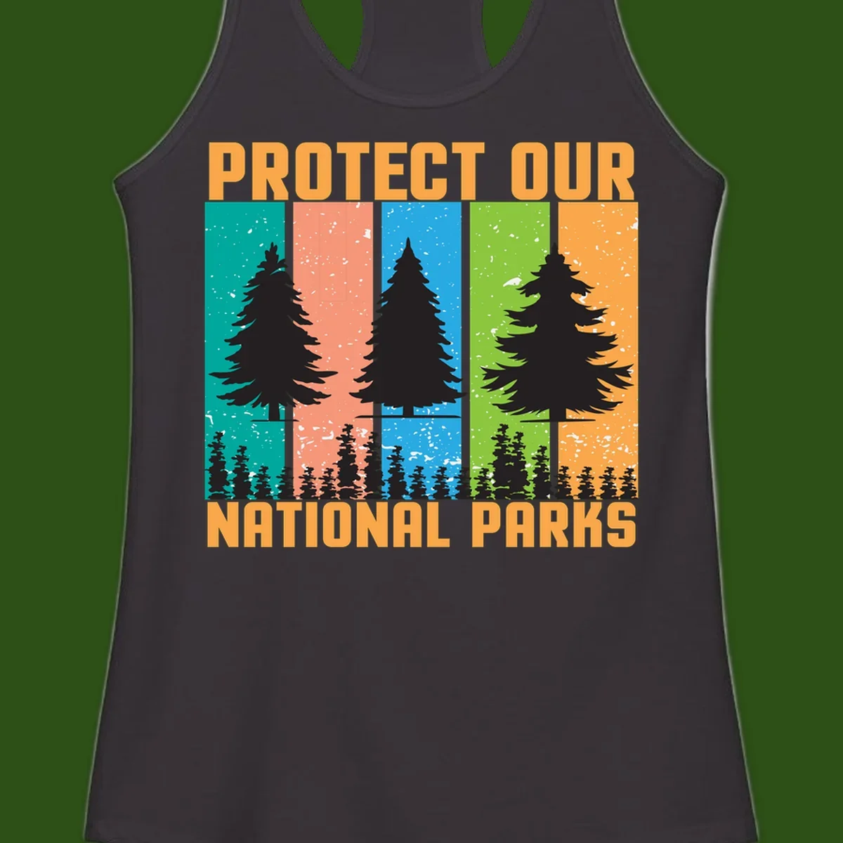 Illustration of tall evergreen tree with forest below across four seasonal colored panels with 'Protect Our National Parks' text.