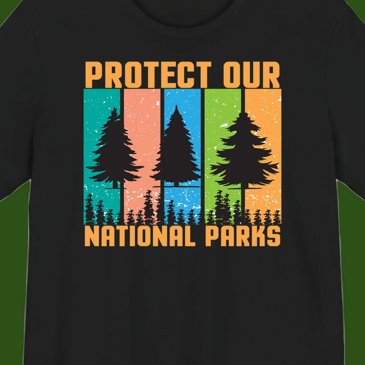 Illustration of tall evergreen tree with forest below across four seasonal colored panels with 'Protect Our National Parks' text.