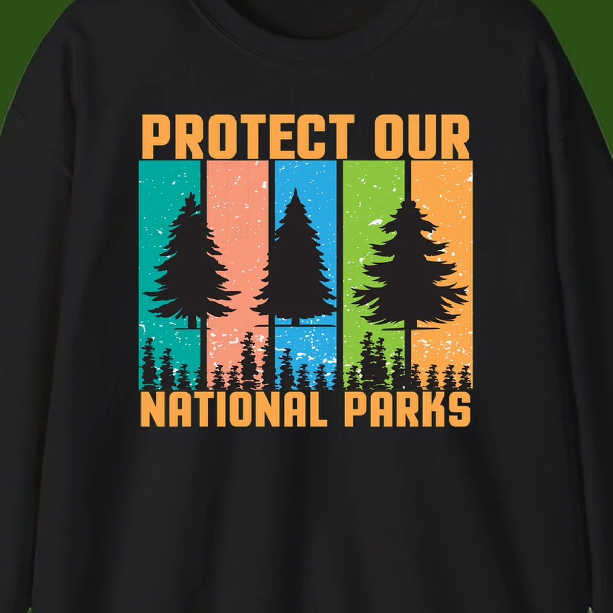 Illustration of tall evergreen tree with forest below across four seasonal colored panels with 'Protect Our National Parks' text.
