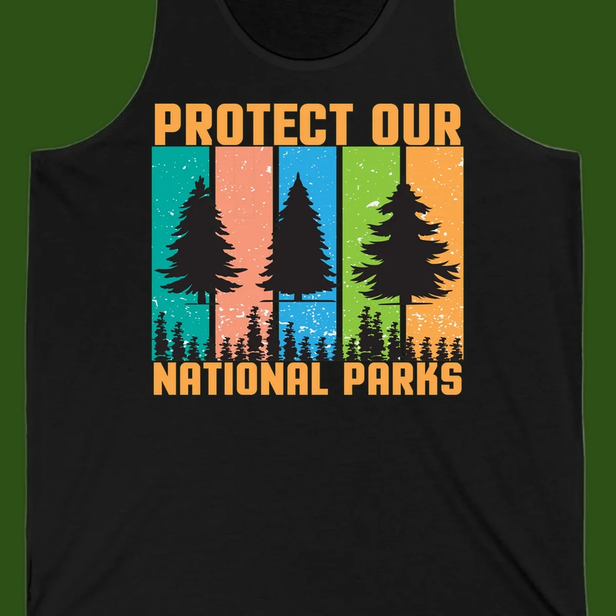 Illustration of tall evergreen tree with forest below across four seasonal colored panels with 'Protect Our National Parks' text.