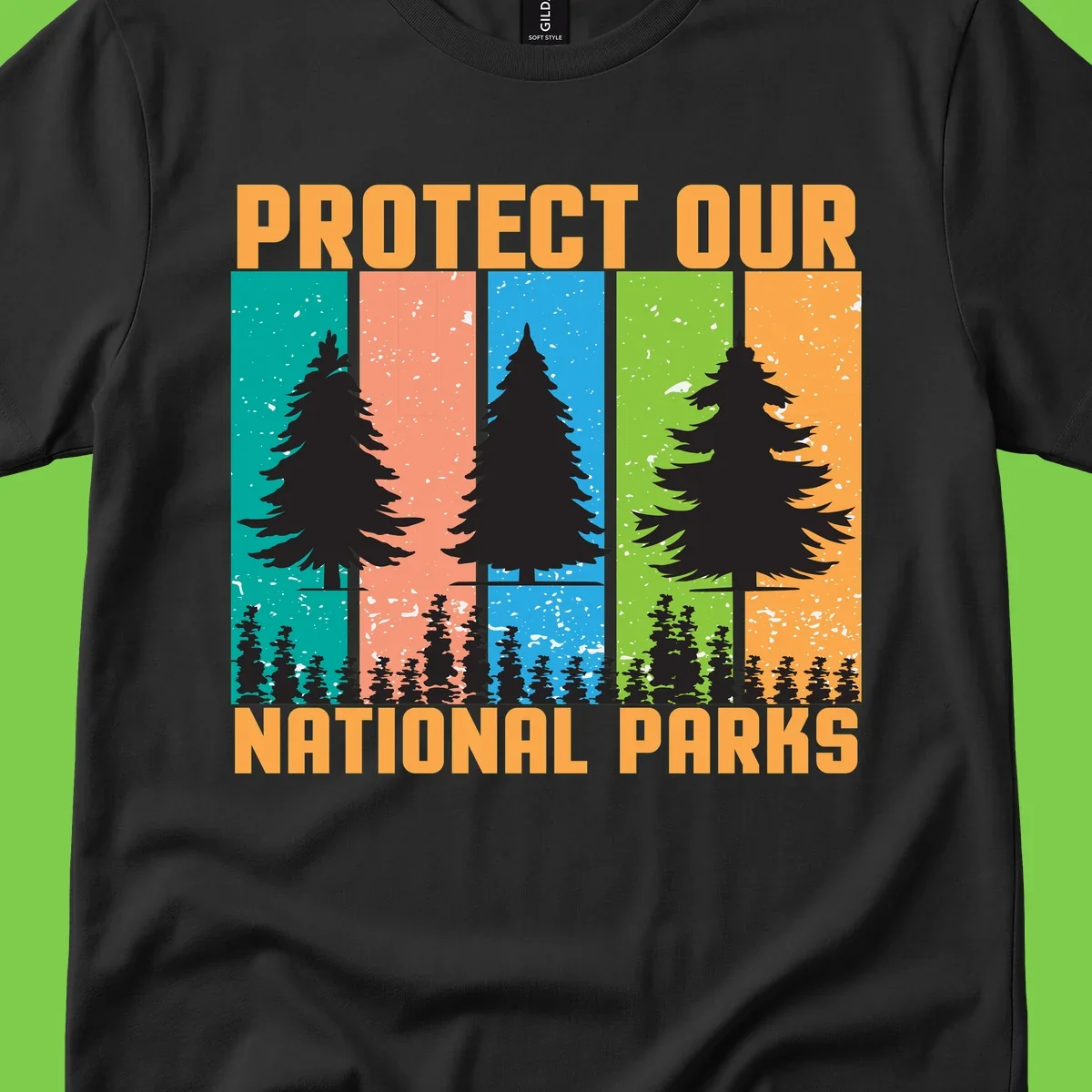 Illustration of tall evergreen tree with forest below across four seasonal colored panels with 'Protect Our National Parks' text.