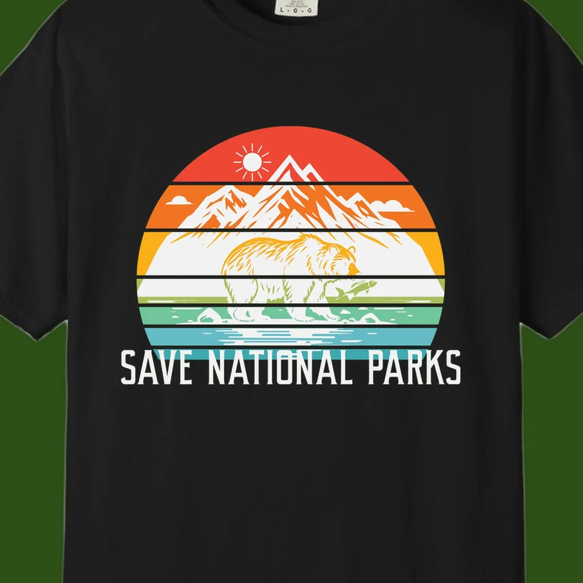 Colorful striped landscape showing mountains, wildlife, and water with 'Save National Parks' text promoting conservation awareness.