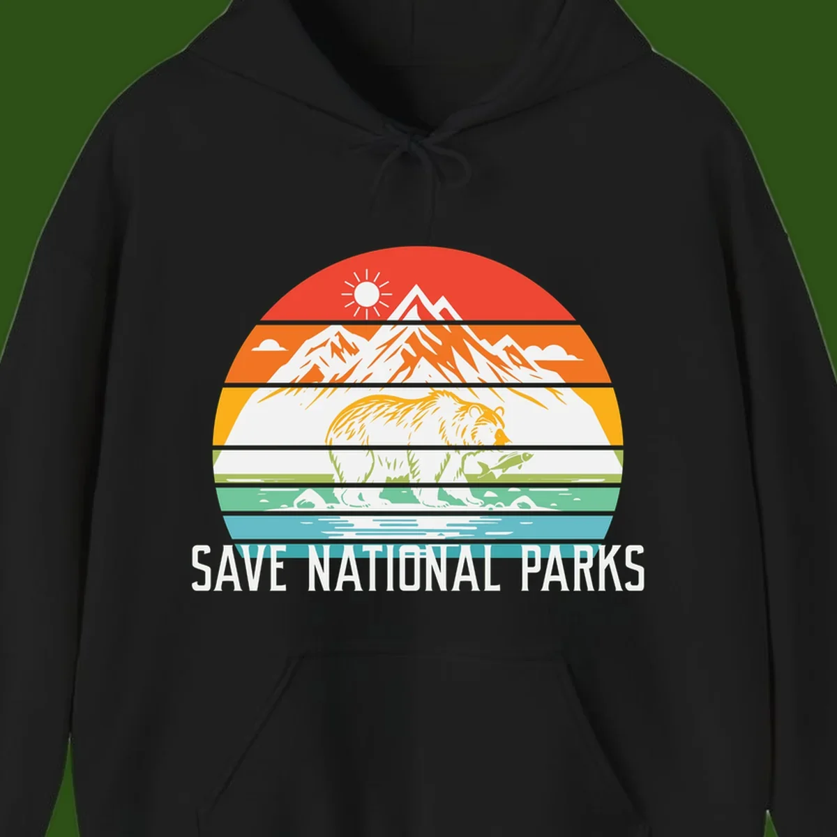 Colorful striped landscape showing mountains, wildlife, and water with 'Save National Parks' text promoting conservation awareness.