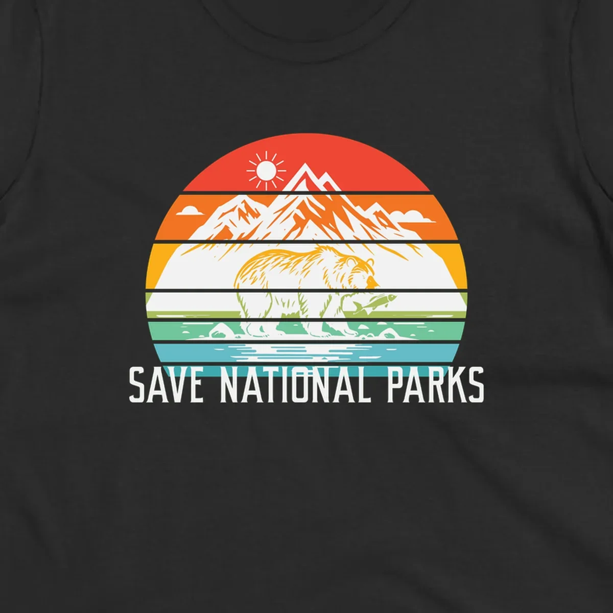 Colorful striped landscape showing mountains, wildlife, and water with 'Save National Parks' text promoting conservation awareness.