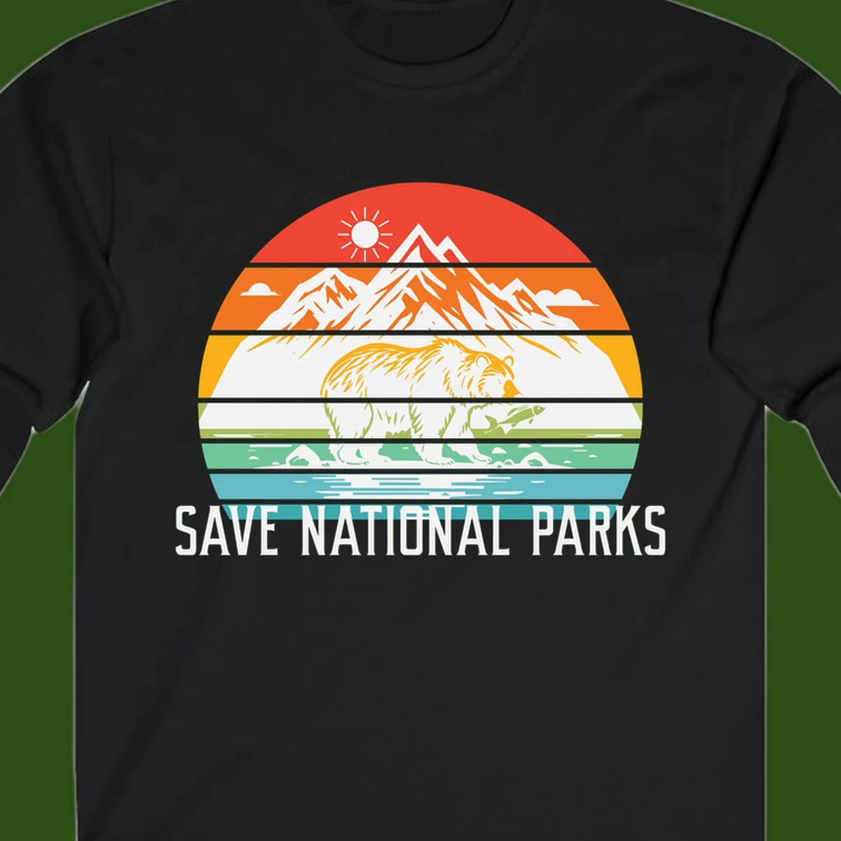 Colorful striped landscape showing mountains, wildlife, and water with 'Save National Parks' text promoting conservation awareness.