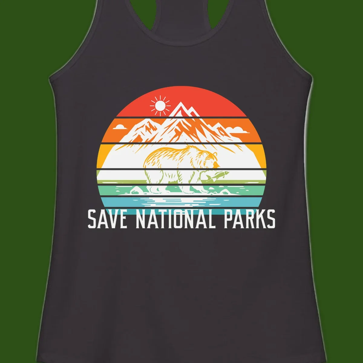 Colorful striped landscape showing mountains, wildlife, and water with 'Save National Parks' text promoting conservation awareness.