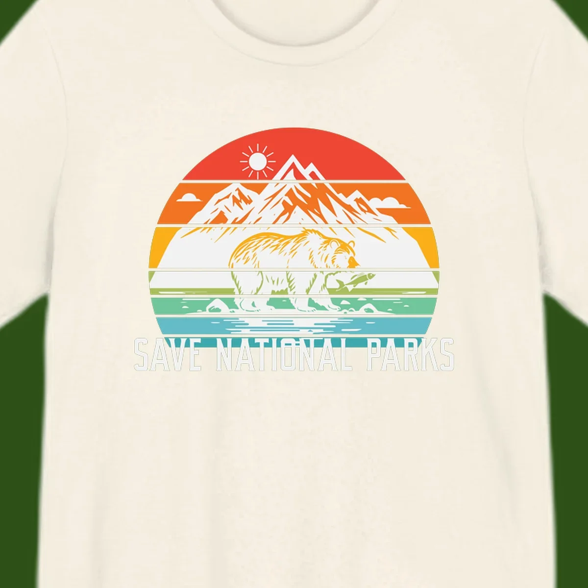 Colorful striped landscape showing mountains, wildlife, and water with 'Save National Parks' text promoting conservation awareness.