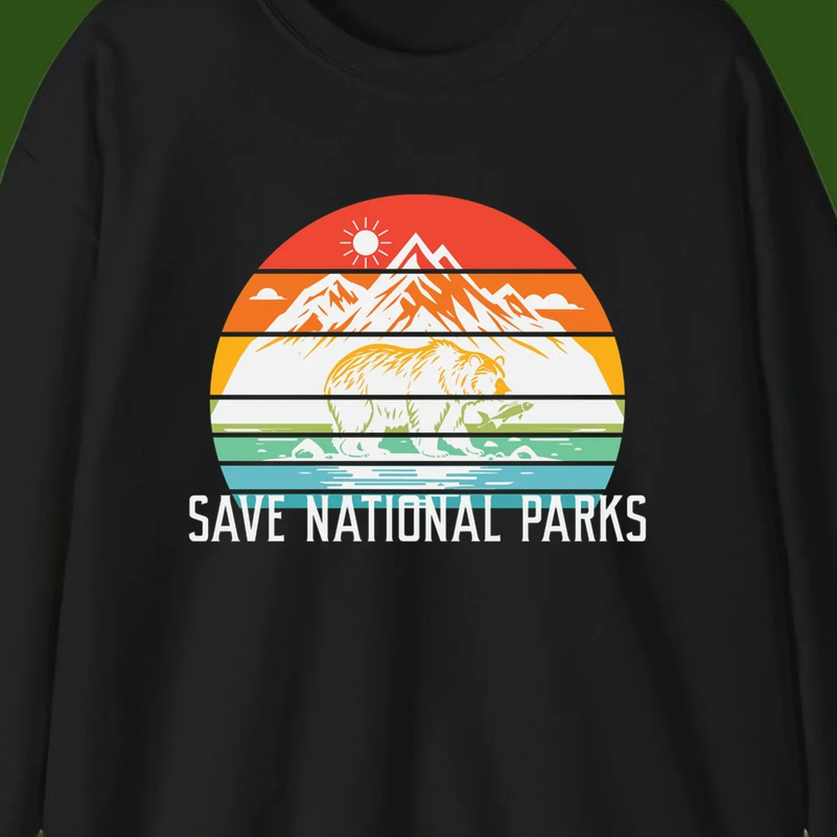 Colorful striped landscape showing mountains, wildlife, and water with 'Save National Parks' text promoting conservation awareness.