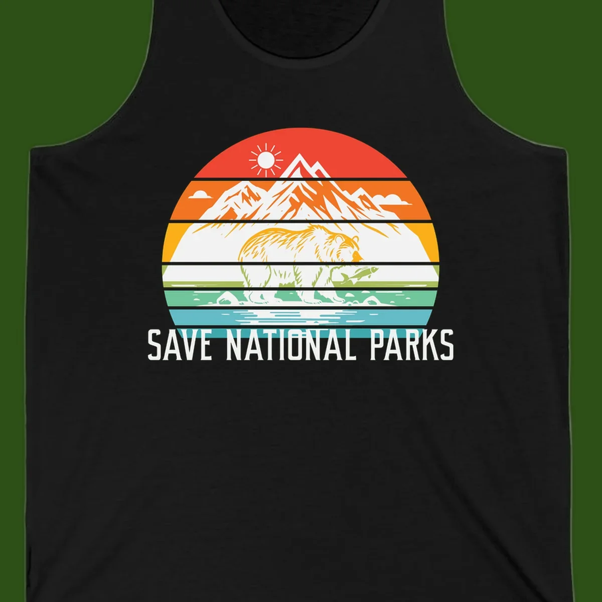 Colorful striped landscape showing mountains, wildlife, and water with 'Save National Parks' text promoting conservation awareness.
