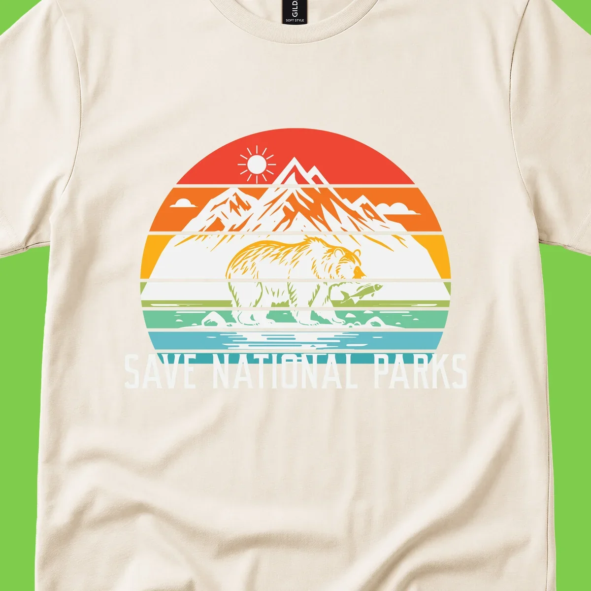 Colorful striped landscape showing mountains, wildlife, and water with 'Save National Parks' text promoting conservation awareness.