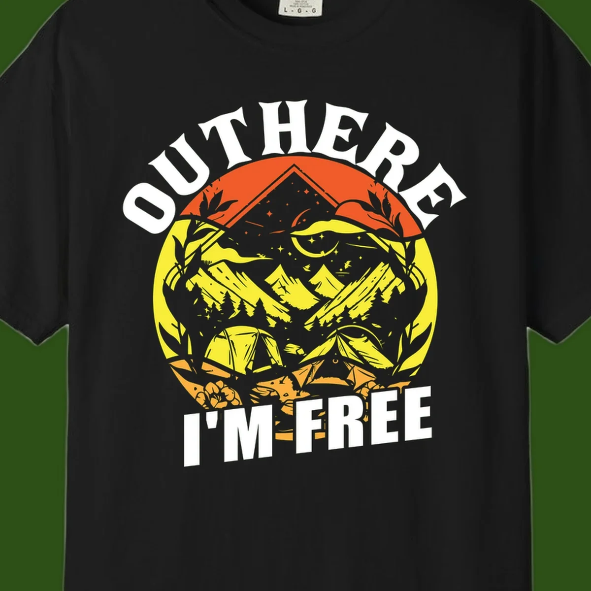 Outer I'm Free camping design with mountain peak, tent, campfire, trees and stars in vintage style illustration