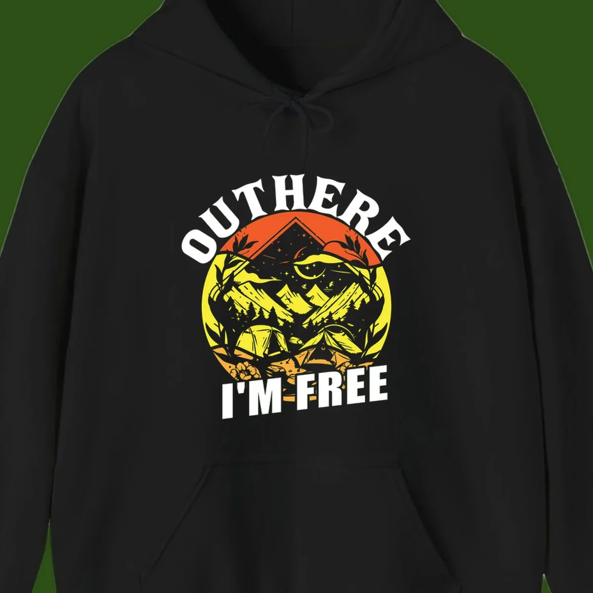 Outer I'm Free camping design with mountain peak, tent, campfire, trees and stars in vintage style illustration