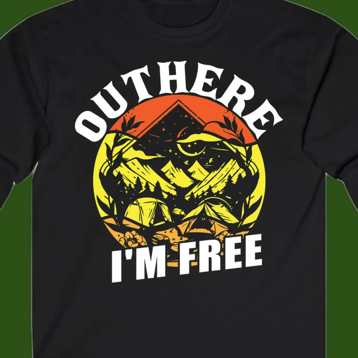 Outer I'm Free camping design with mountain peak, tent, campfire, trees and stars in vintage style illustration