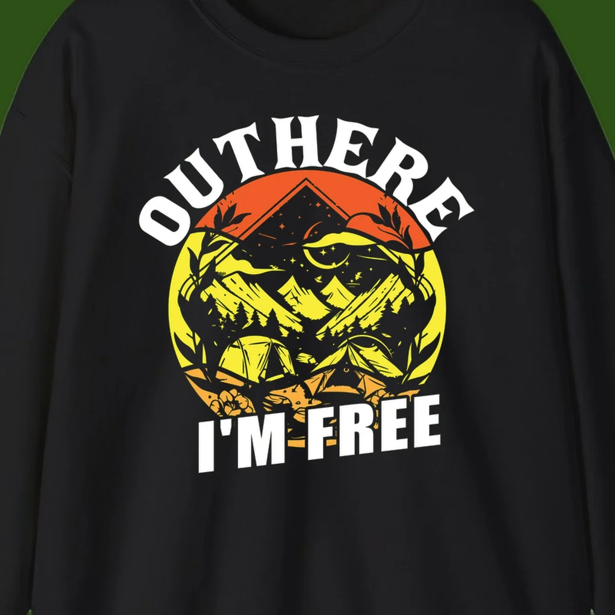 Outer I'm Free camping design with mountain peak, tent, campfire, trees and stars in vintage style illustration