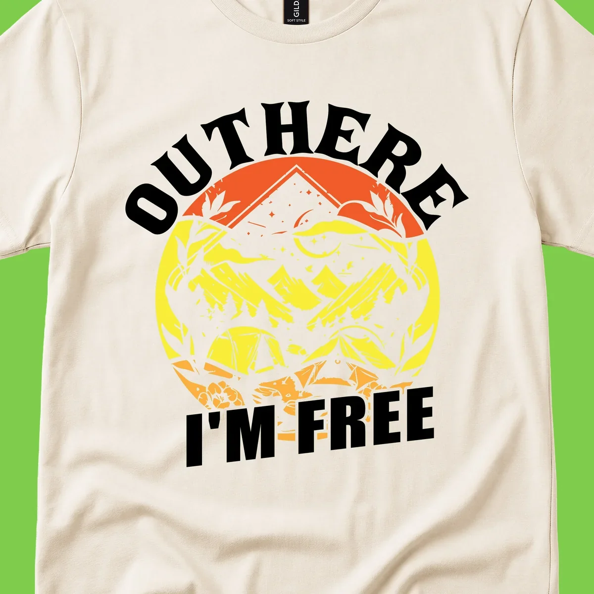 Outer I'm Free camping design with mountain peak, tent, campfire, trees and stars in vintage style illustration