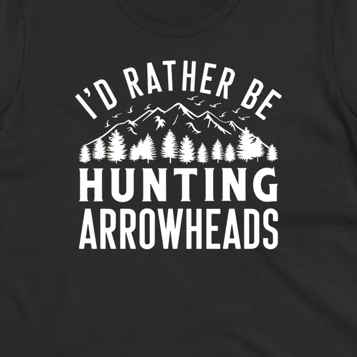 Mountain landscape with evergreen trees and birds, white text reading 'I'd Rather Be Hunting Arrowheads' on gray background