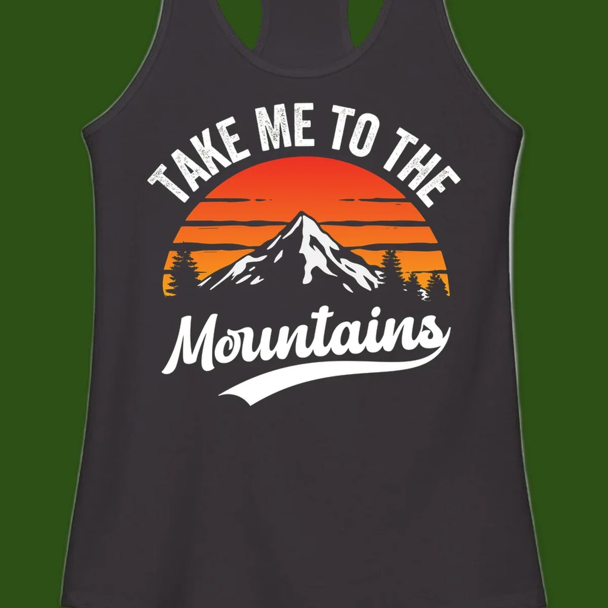 Vintage-style illustration of snow-capped mountain with sunset stripes and evergreen trees, text reading 'Take Me To The Mountains'