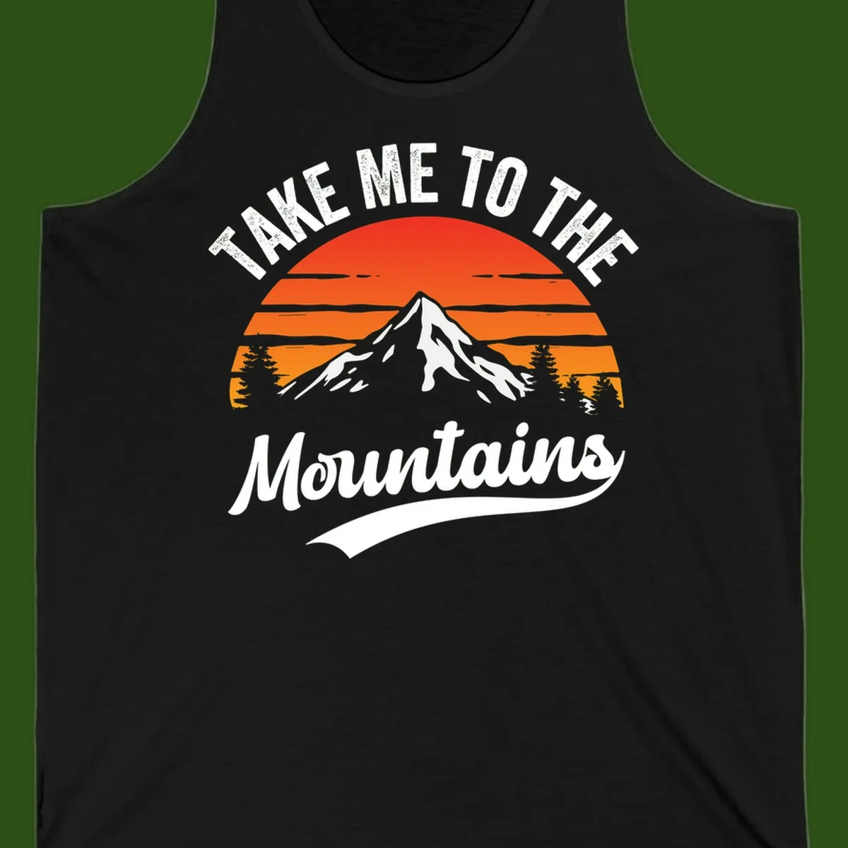 Vintage-style illustration of snow-capped mountain with sunset stripes and evergreen trees, text reading 'Take Me To The Mountains'