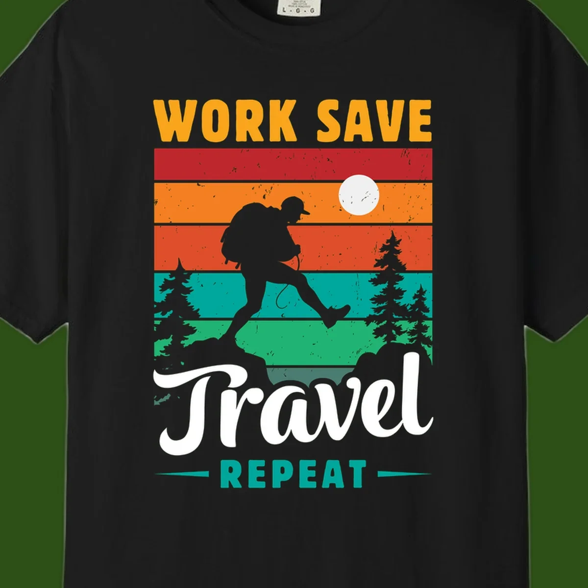 Silhouette of a backpacker hiking through layered landscape with trees and moon, text reads 'Work Save Travel Repeat'