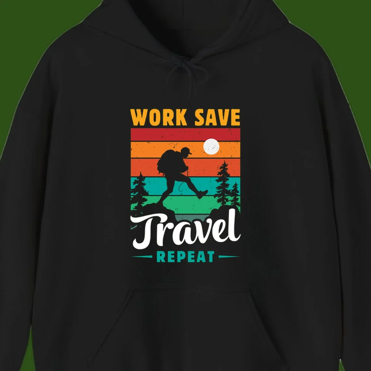 Silhouette of a backpacker hiking through layered landscape with trees and moon, text reads 'Work Save Travel Repeat'