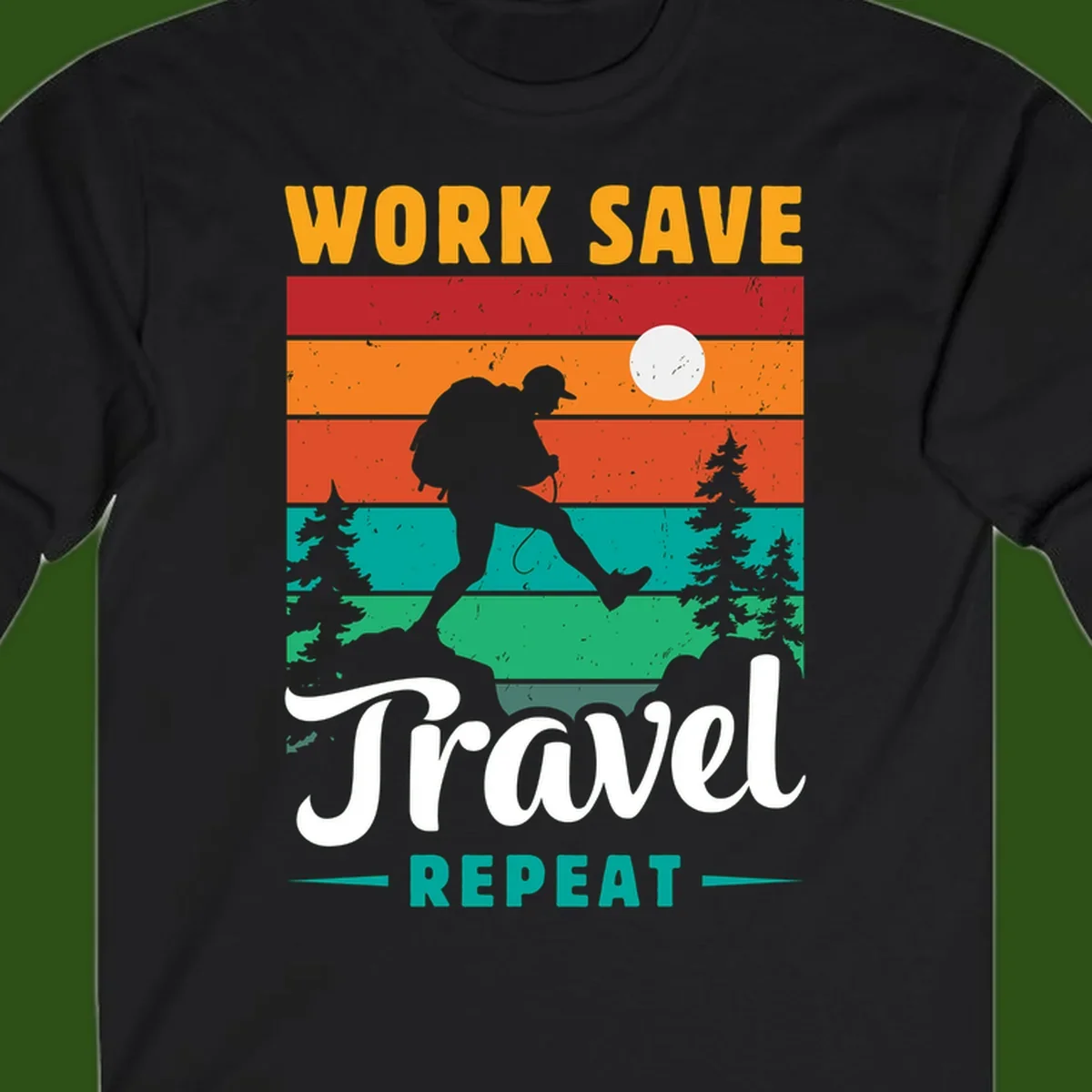 Silhouette of a backpacker hiking through layered landscape with trees and moon, text reads 'Work Save Travel Repeat'